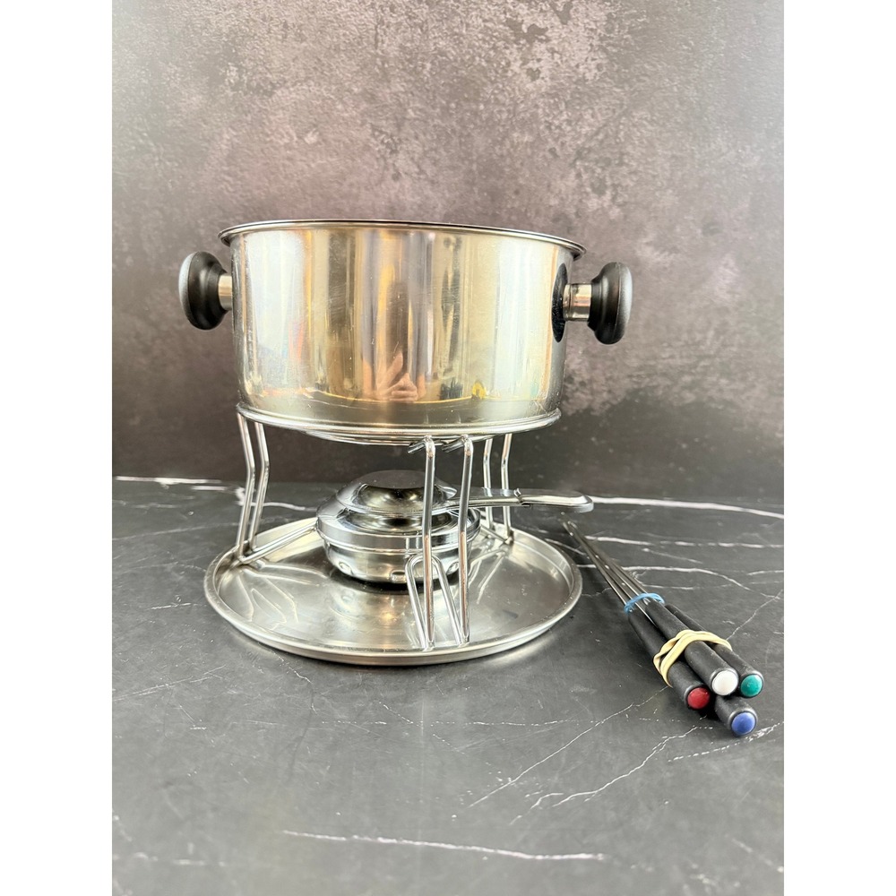 NIB Stainless Steel Fondue Set - Fondue Pot and 4 Forks ONLY